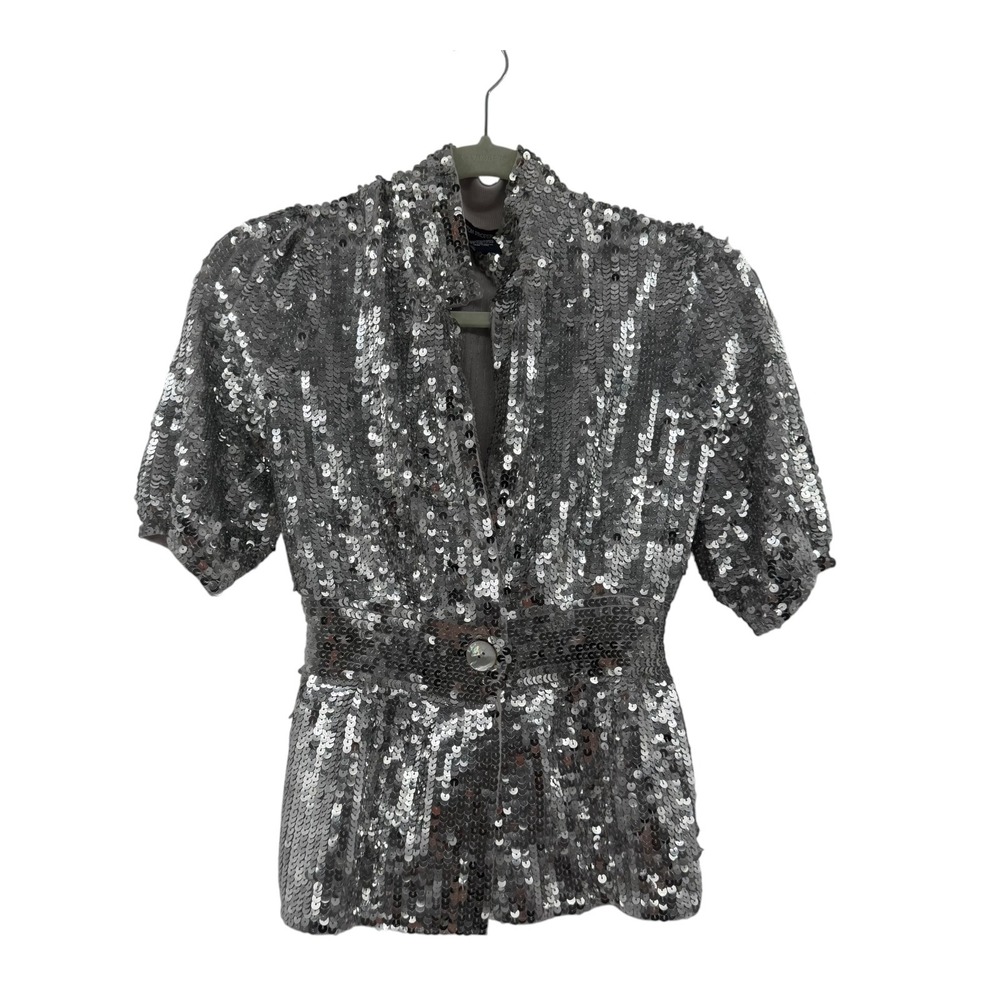 Boston Proper Silver Sequin Cardigan Y2K Short Sleeve Button Front Top XS